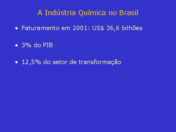 A Indústria Química no Brasil • Faturamento em 2001: US$ 36, 6 bilhões •