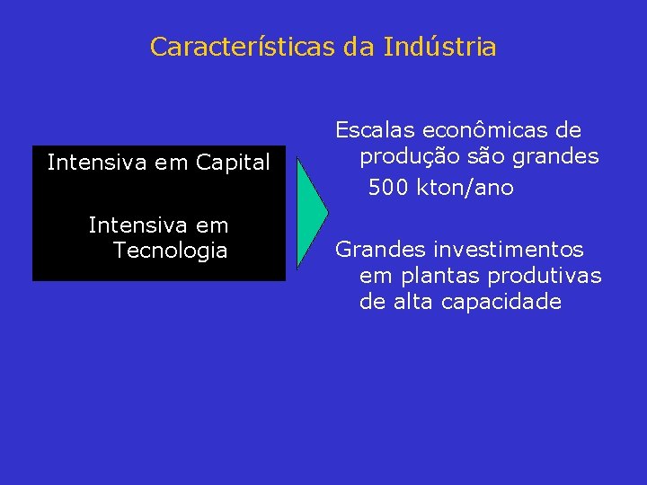 Características da Indústria Intensiva em Capital Intensiva em Tecnologia Escalas econômicas de produção são