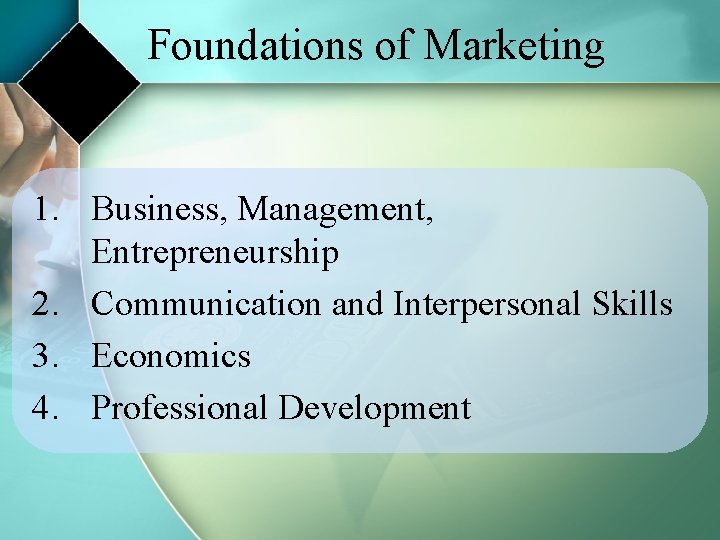 Foundations of Marketing 1. Business, Management, Entrepreneurship 2. Communication and Interpersonal Skills 3. Economics