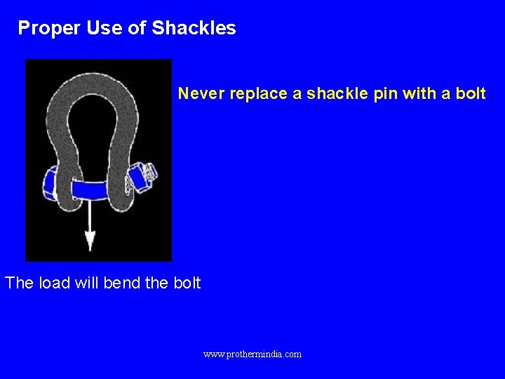 Proper Use of Shackles Never replace a shackle pin with a bolt The load