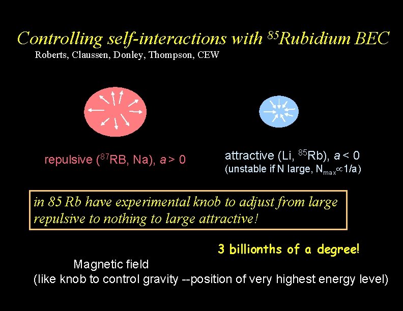 Controlling self-interactions with 85 Rubidium BEC Roberts, Claussen, Donley, Thompson, CEW repulsive (87 RB,