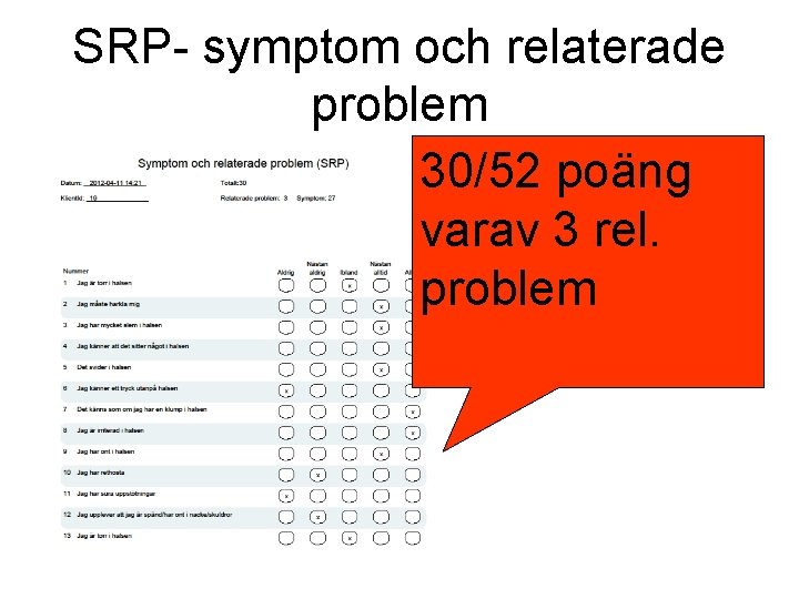 SRP- symptom och relaterade problem 30/52 poäng varav 3 rel. problem 