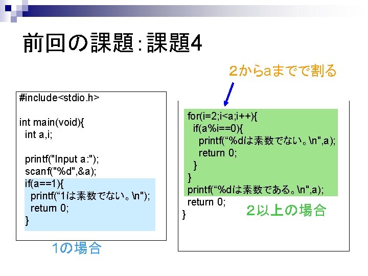 前回の課題：課題4 ２からaまでで割る #include<stdio. h> for(i=2; i<a; i++){ if(a%i==0){ printf(“%dは素数でない。n", a); return 0; } }