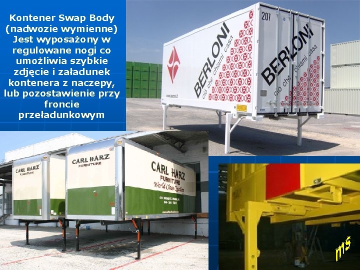 Kontener Swap Body (nadwozie wymienne) Jest wyposażony w regulowane nogi co umożliwia szybkie zdjęcie