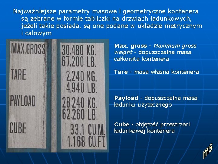 Najważniejsze parametry masowe i geometryczne kontenera są zebrane w formie tabliczki na drzwiach ładunkowych,