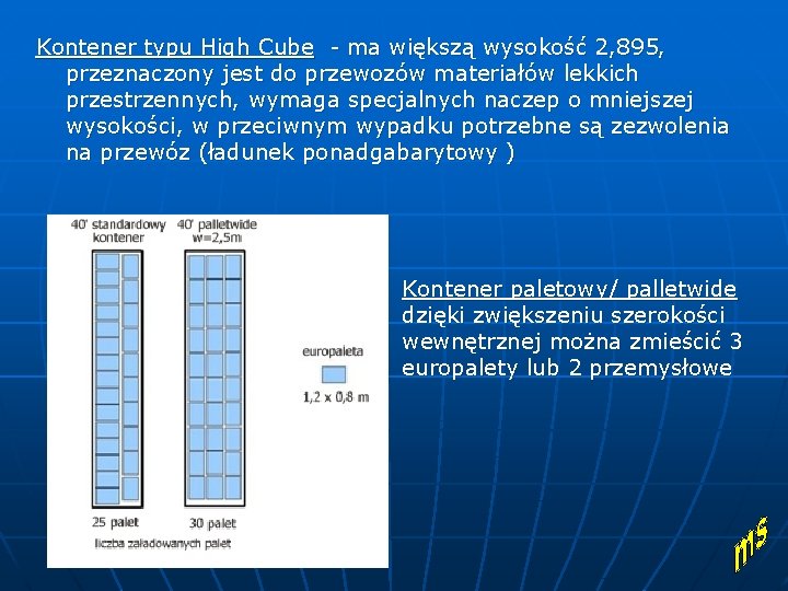 Kontener typu High Cube - ma większą wysokość 2, 895, przeznaczony jest do przewozów