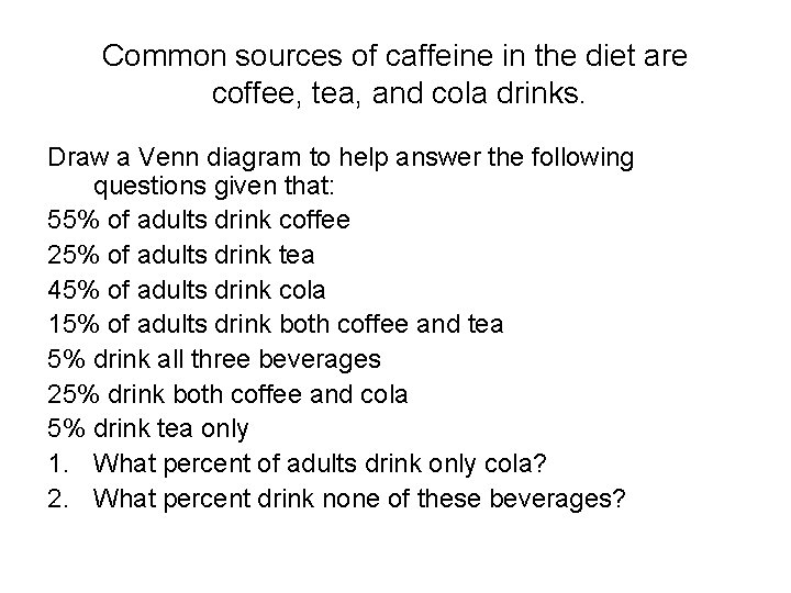 Common sources of caffeine in the diet are coffee, tea, and cola drinks. Draw