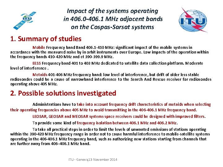 Impact of the systems operating in 406. 0 -406. 1 MHz adjacent bands on Impact of the systems operating in 406. 0 -406. 1 MHz adjacent bands on