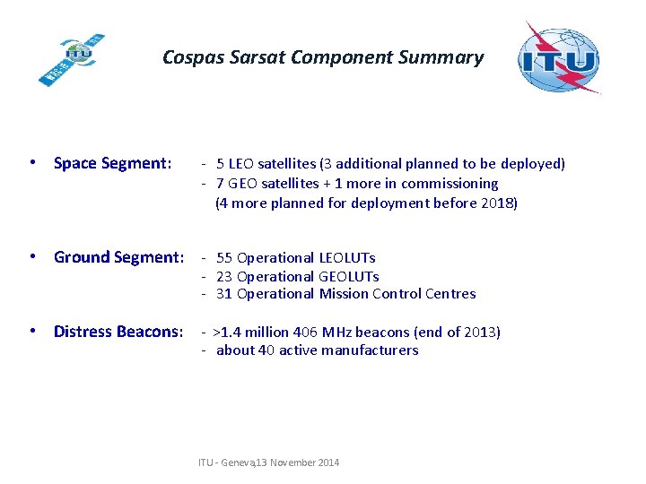 Cospas Sarsat Component Summary • Space Segment: - 5 LEO satellites (3 additional planned Cospas Sarsat Component Summary • Space Segment: - 5 LEO satellites (3 additional planned