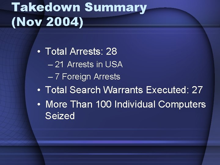 Takedown Summary (Nov 2004) • Total Arrests: 28 – 21 Arrests in USA –