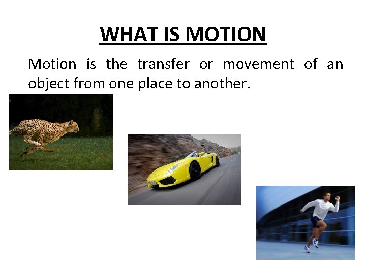 WHAT IS MOTION Motion is the transfer or movement of an object from one