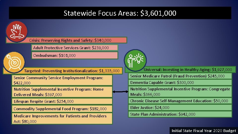 Statewide Focus Areas: $3, 601, 000 Crisis: Preserving Rights and Safety: $340, 000 Adult