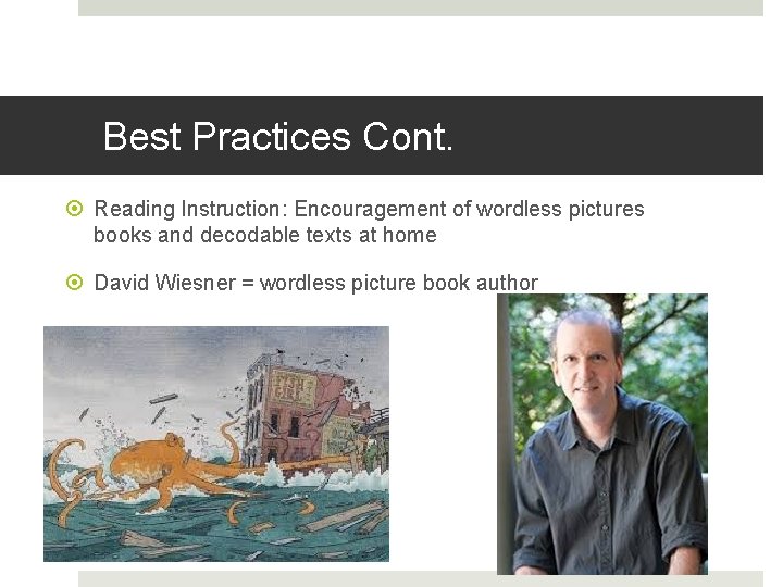 Best Practices Cont. Reading Instruction: Encouragement of wordless pictures books and decodable texts at