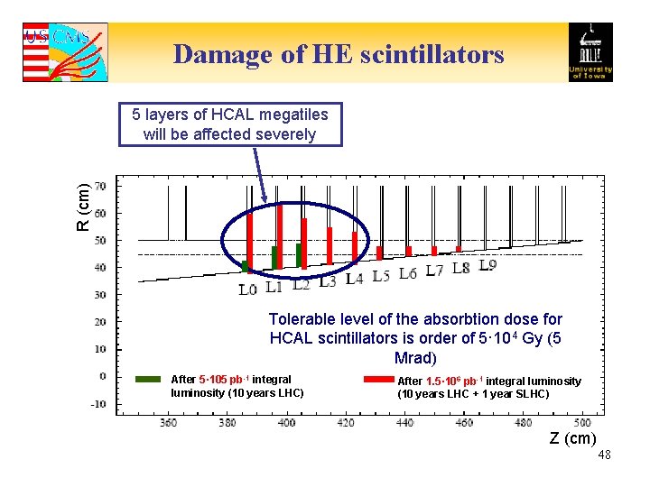 Damage of HE scintillators R (cm) 5 layers of HCAL megatiles will be affected