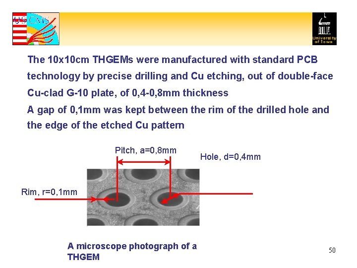 The 10 x 10 cm THGEMs were manufactured with standard PCB technology by precise