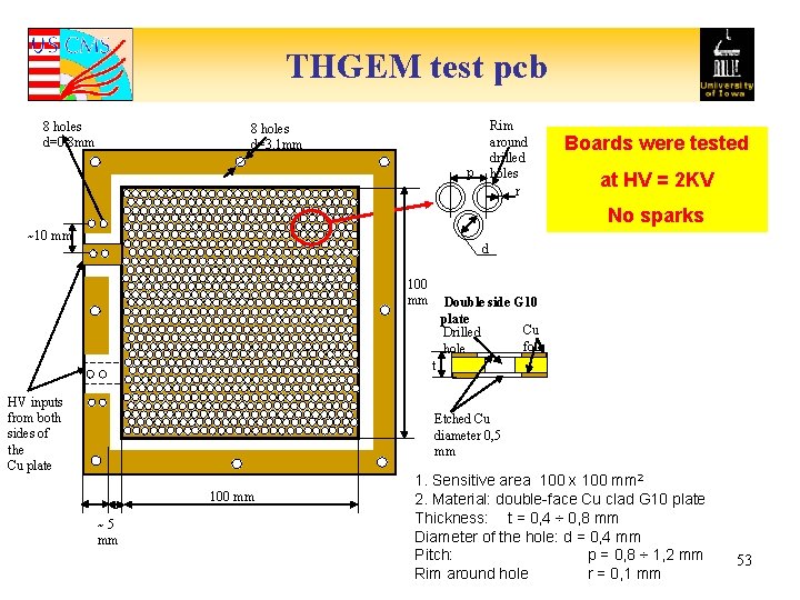 THGEM test pcb 8 holes d=0. 8 mm Rim around drilled holes r 8