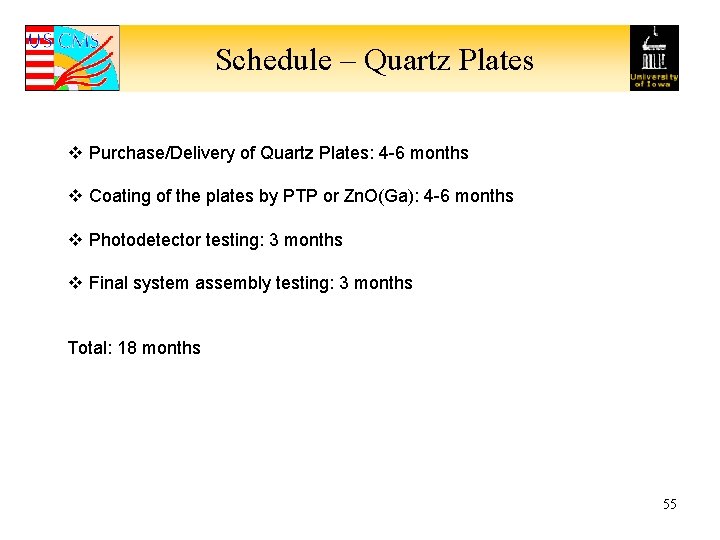 Schedule – Quartz Plates v Purchase/Delivery of Quartz Plates: 4 -6 months v Coating