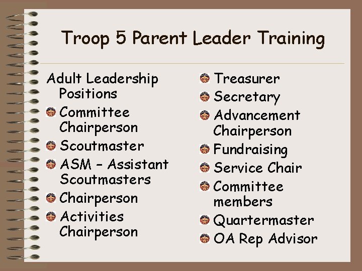 Troop 5 Parent Leader Training Adult Leadership Positions Committee Chairperson Scoutmaster ASM – Assistant