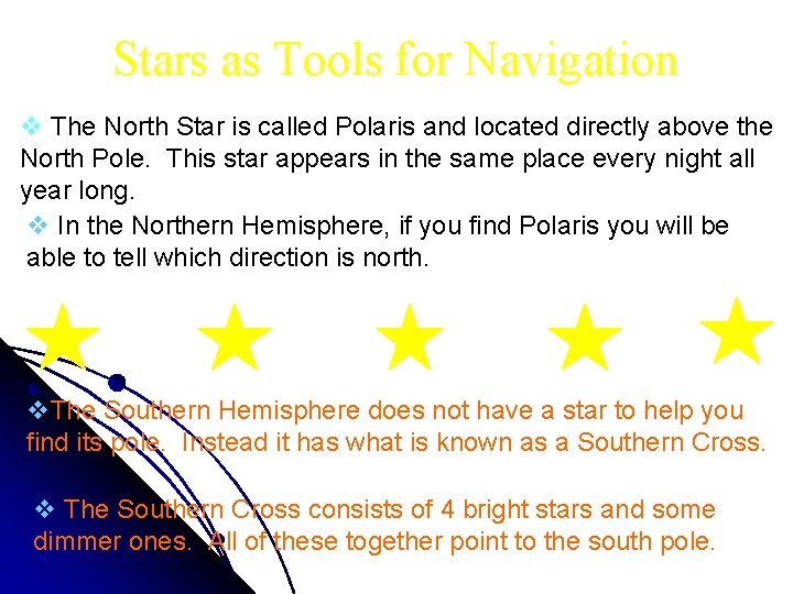 Stars as Tools for Navigation v The North Star is called Polaris and located