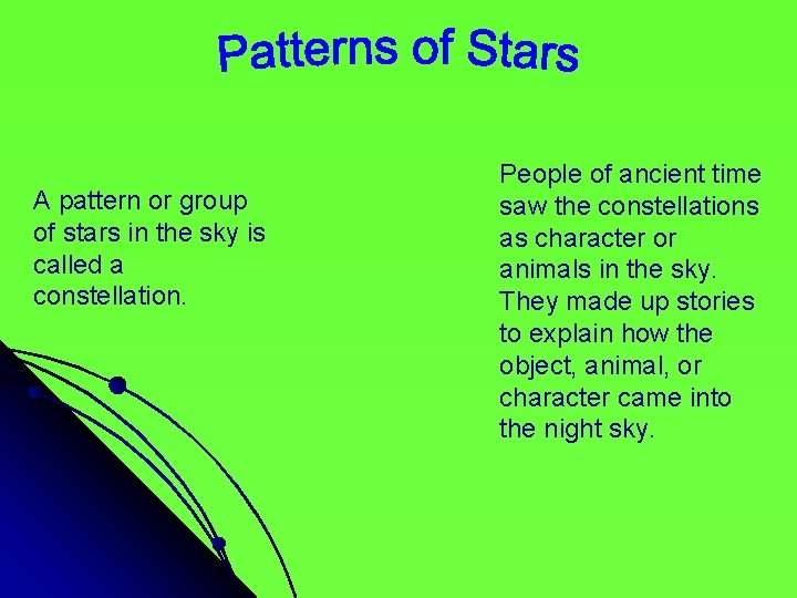 A pattern or group of stars in the sky is called a constellation. People