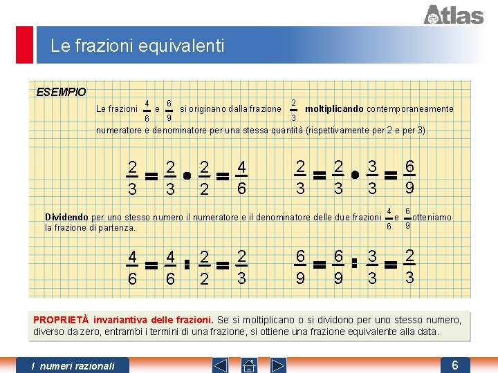 Le frazioni equivalenti ESEMPIO Le frazioni 4 6 e 6 9 si originano dalla