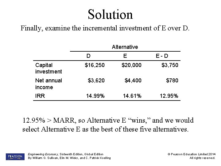 Solution Finally, examine the incremental investment of E over D. Alternative D E E-D
