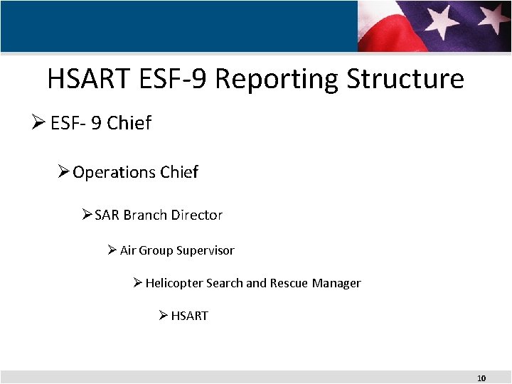 HSART ESF-9 Reporting Structure Ø ESF- 9 Chief Ø Operations Chief ØSAR Branch Director