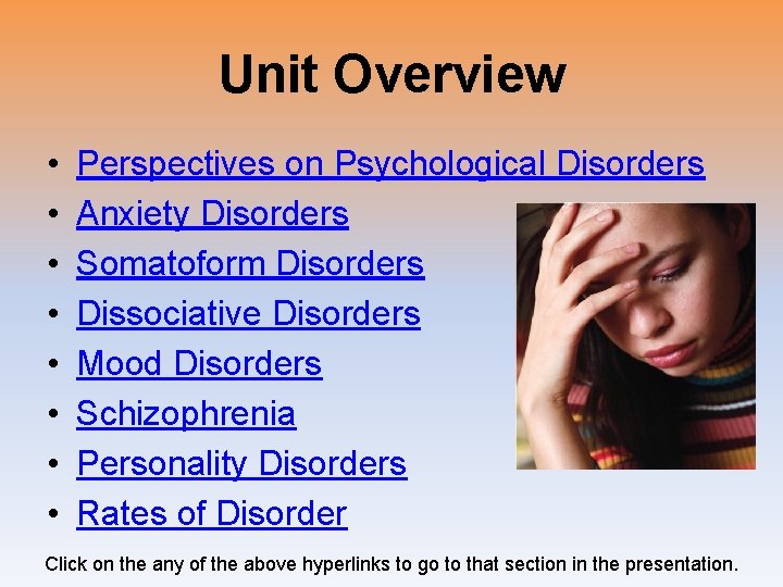 Unit Overview • • Perspectives on Psychological Disorders Anxiety Disorders Somatoform Disorders Dissociative Disorders