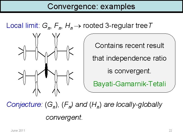 Convergence: examples Local limit: Gn, Fn, Hn rooted 3 -regular tree. T Contains recent