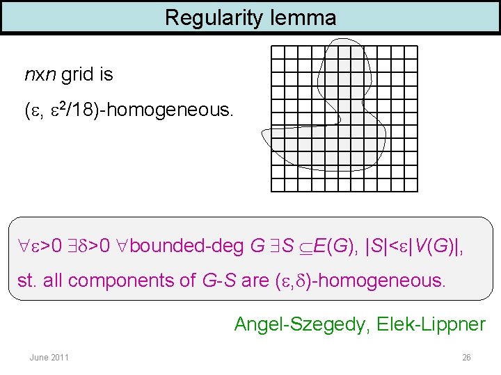 Regularity lemma nxn grid is ( , 2/18)-homogeneous. >0 bounded-deg G S E(G), |S|<