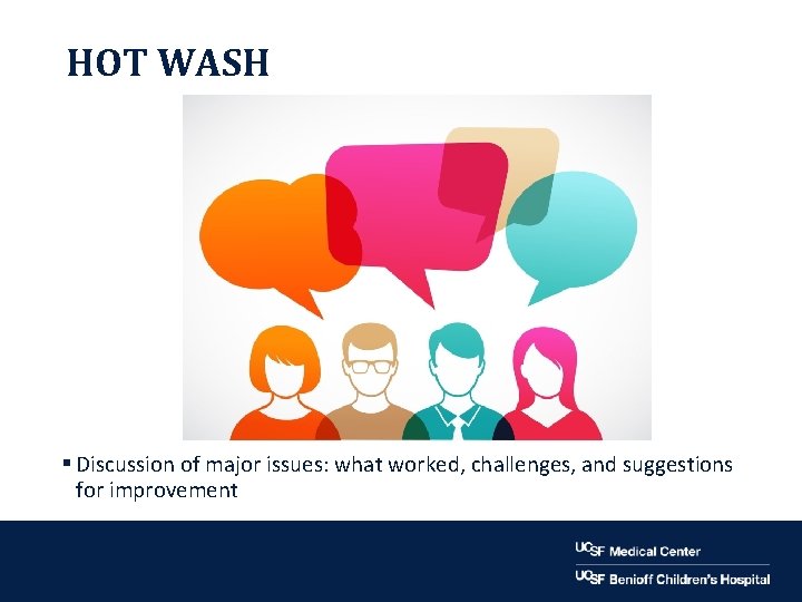 HOT WASH § Discussion of major issues: what worked, challenges, and suggestions for improvement