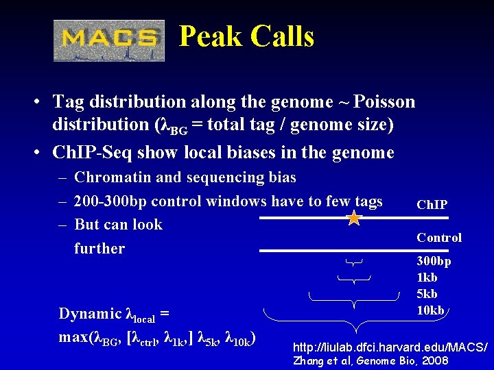 Peak Calls • Tag distribution along the genome ~ Poisson distribution (λBG = total Peak Calls • Tag distribution along the genome ~ Poisson distribution (λBG = total