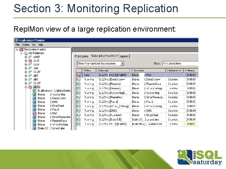 Section 3: Monitoring Replication Repl. Mon view of a large replication environment: Section 3: Monitoring Replication Repl. Mon view of a large replication environment: