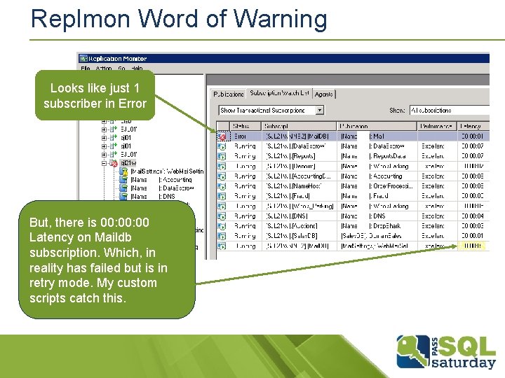 Replmon Word of Warning Looks like just 1 subscriber in Error But, there is Replmon Word of Warning Looks like just 1 subscriber in Error But, there is