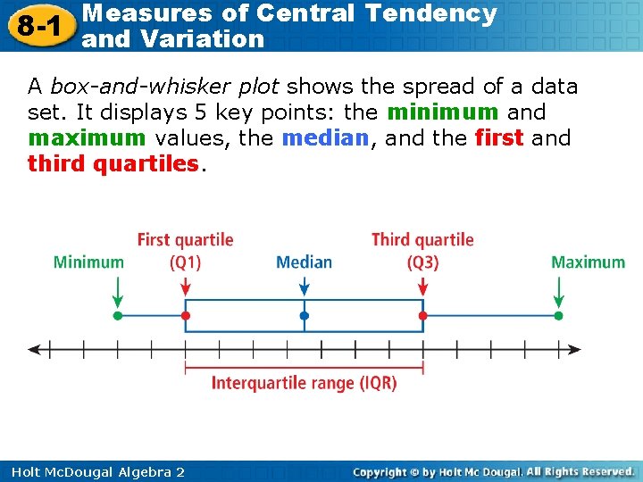 Measures of Central Tendency 8 -1 and Variation A box-and-whisker plot shows the spread