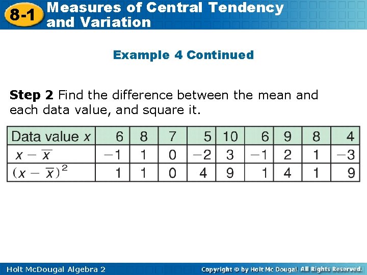 Measures of Central Tendency 8 -1 and Variation Example 4 Continued Step 2 Find