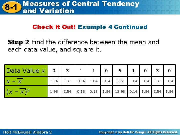 Measures of Central Tendency 8 -1 and Variation Check It Out! Example 4 Continued