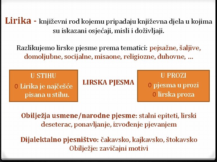 Lirika - književni rod kojemu pripadaju književna djela u kojima su iskazani osjećaji, misli