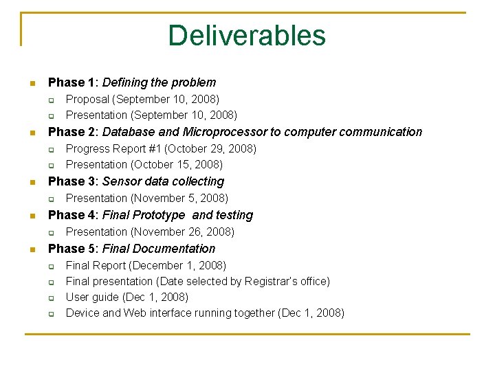 Deliverables n Phase 1: Defining the problem q q n Phase 2: Database and