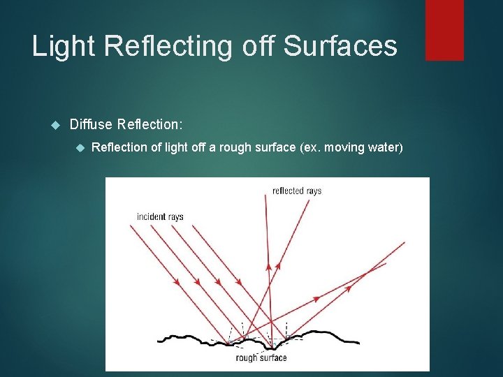 Light Reflecting off Surfaces Diffuse Reflection: Reflection of light off a rough surface (ex.