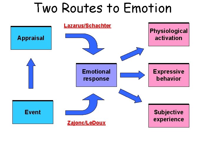 Two Routes to Emotion Lazarus/Schachter Appraisal Emotional response Event Zajonc/Le. Doux Physiological activation Expressive