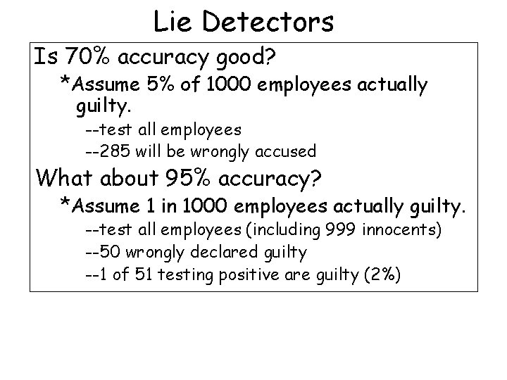 Lie Detectors Is 70% accuracy good? *Assume 5% of 1000 employees actually guilty. --test