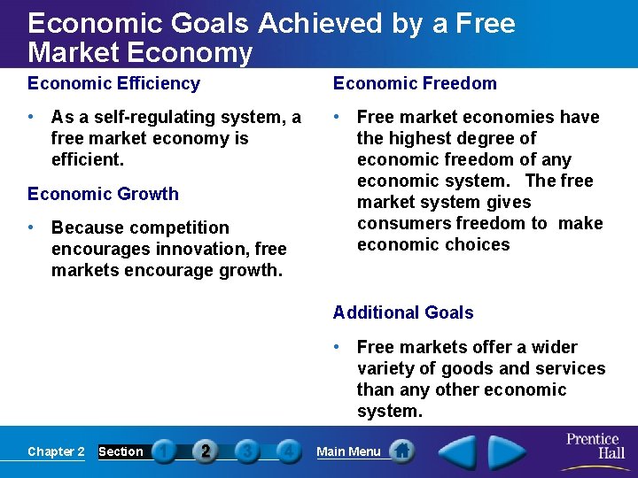 Economic Goals Achieved by a Free Market Economy Economic Efficiency Economic Freedom • As