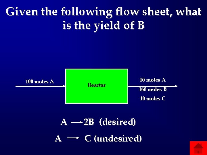 Given the following flow sheet, what is the yield of B 100 moles A