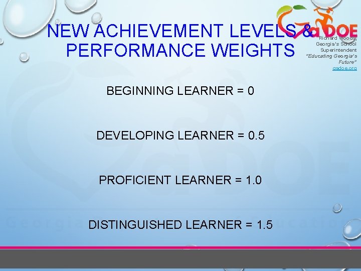 NEW ACHIEVEMENT LEVELS & PERFORMANCE WEIGHTS Richard Woods, Georgia’s School Superintendent “Educating Georgia’s Future”