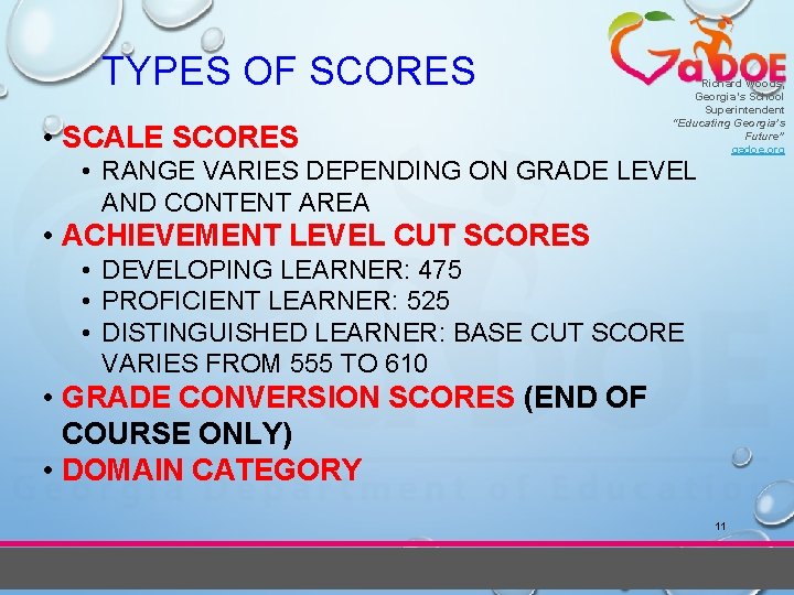 TYPES OF SCORES • SCALE SCORES Richard Woods, Georgia’s School Superintendent “Educating Georgia’s Future”