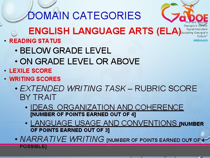 DOMAIN CATEGORIES Richard Woods, Georgia’s School Superintendent “Educating Georgia’s Future” gadoe. org ENGLISH LANGUAGE