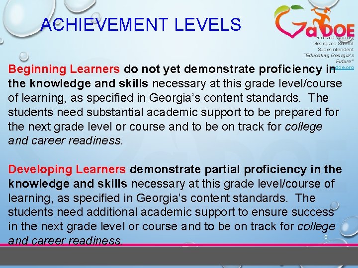 ACHIEVEMENT LEVELS Richard Woods, Georgia’s School Superintendent “Educating Georgia’s Future” gadoe. org Beginning Learners