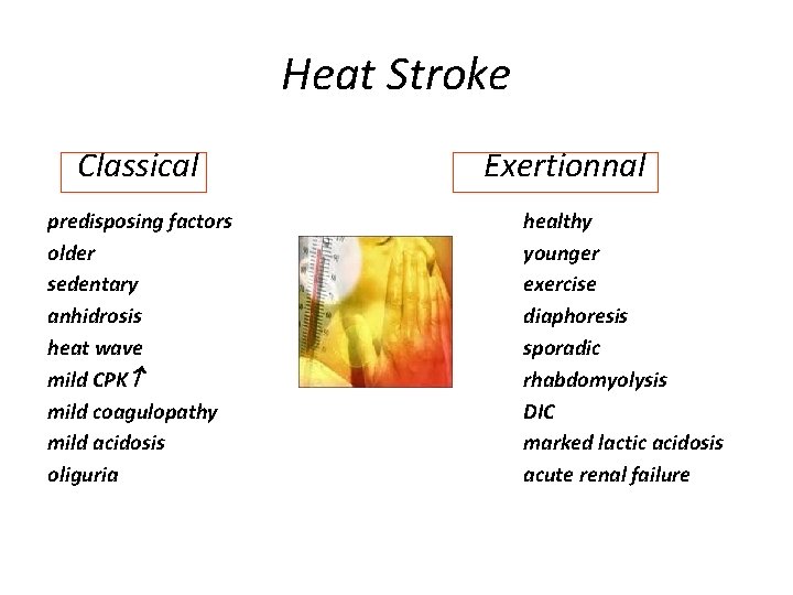 Heat Stroke Classical predisposing factors older sedentary anhidrosis heat wave mild CPK mild coagulopathy