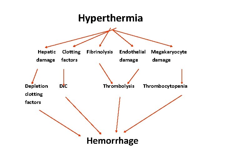 Hyperthermia Hepatic Clotting Fibrinolysis Endothelial Megakaryocyte damage factors damage Depletion DIC Thrombolysis Thrombocytopenia clotting